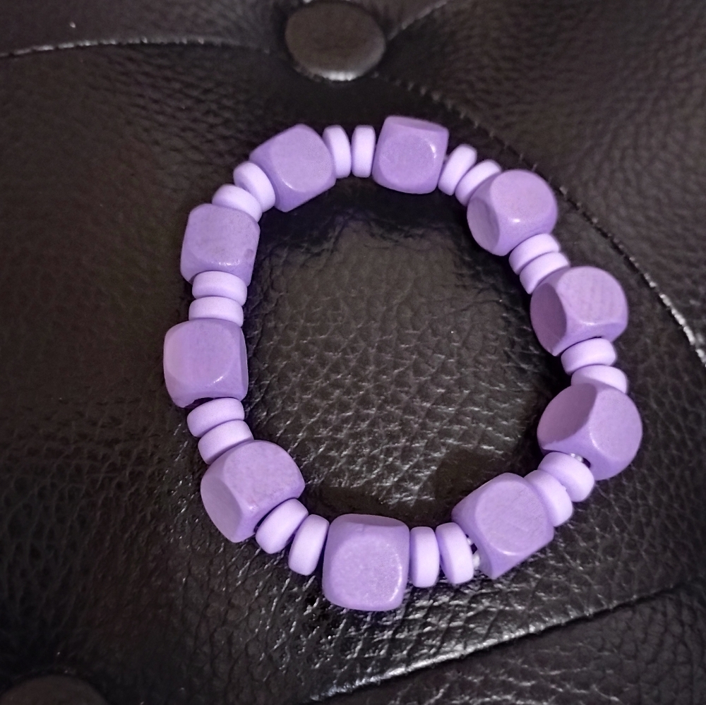 Purple Beaded Wooden & Polymer Clay Kids Bracelet Elastic String